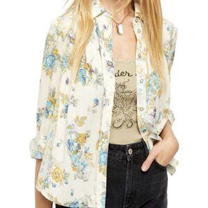 Free People Hold On To Me Blue Floral Oversized Blouse NWT Size SP